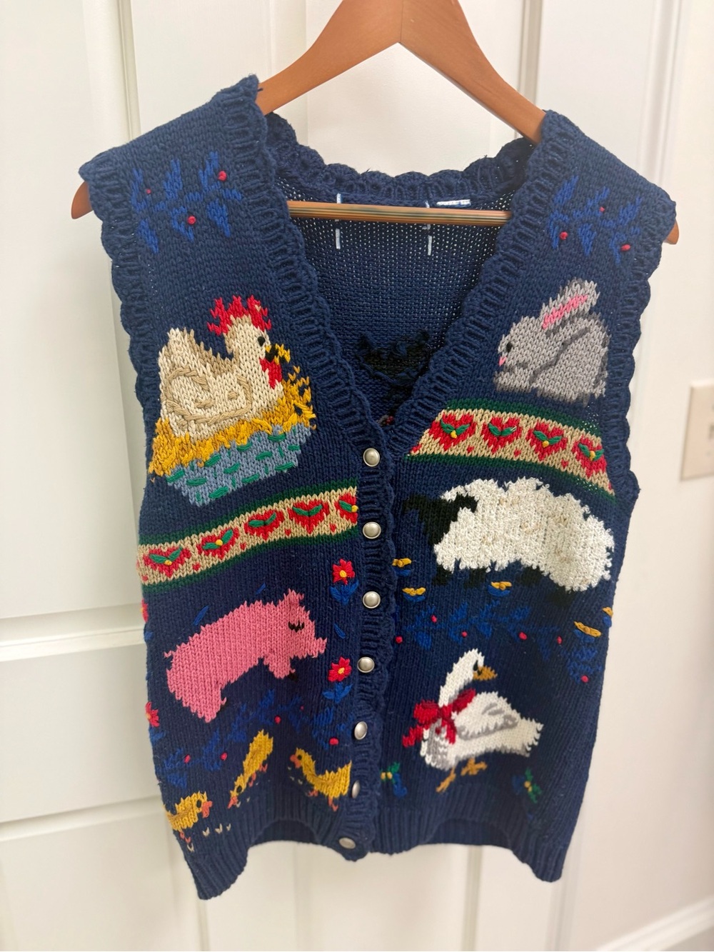 VINTAGE 90s Farm Animal Sweater Vest M Navy Barnyard Grandmacore Cottagecore